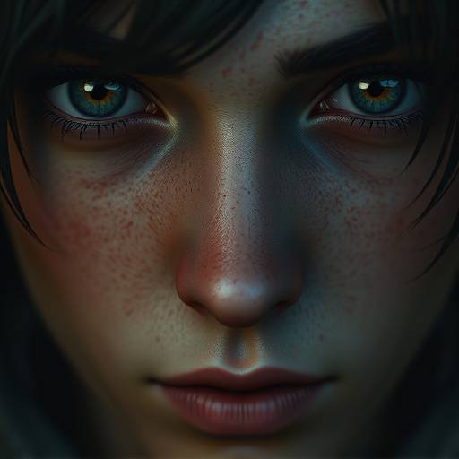A close-up portrait of a video game character's face, with highly detailed textures and subtle, expressive eyes conveying a sense of melancholy and introspection.