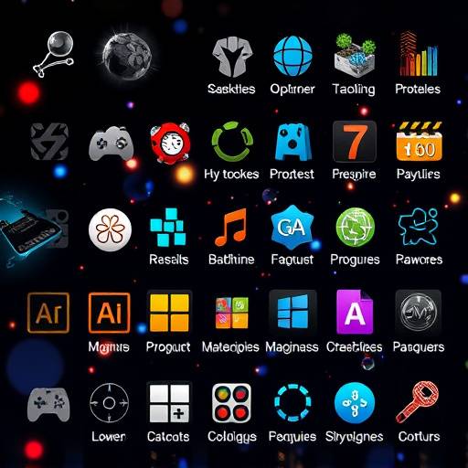 A collection of graphic design elements used in modern video games, including detailed textures, particle effects, and stylized icons, representing contemporary visual culture.