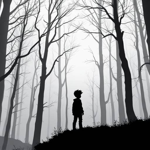 A dark, silhouette-style scene from the game Limbo, showing a small boy navigating a monochromatic, hazardous forest with minimalist environmental elements like stark trees and subtle lighting effects.