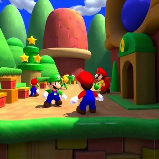 A screenshot from Super Mario 64 on the Nintendo 64, showcasing early 3D polygonal graphics with blocky character models and colorful, rendered environments.