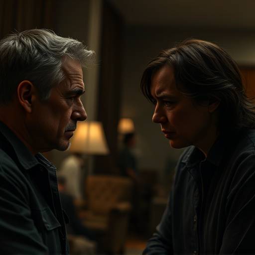 A video game screenshot showing two characters in intense dialogue, their facial expressions conveying a complex mix of frustration and vulnerability, set against a dimly lit, intimate interior.