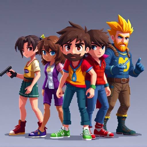 An artistic rendering of vibrant pixel art elements morphing into complex 3D character models, symbolizing the evolution of visual styles in gaming.