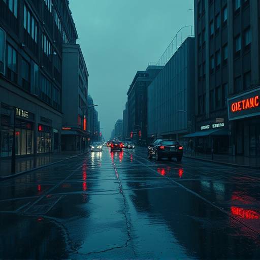 An atmospheric in-game environment depicting a rain-slicked, deserted city street at dusk, with muted neon lights casting long reflections on the wet pavement, evoking a sense of isolation and melancholy.