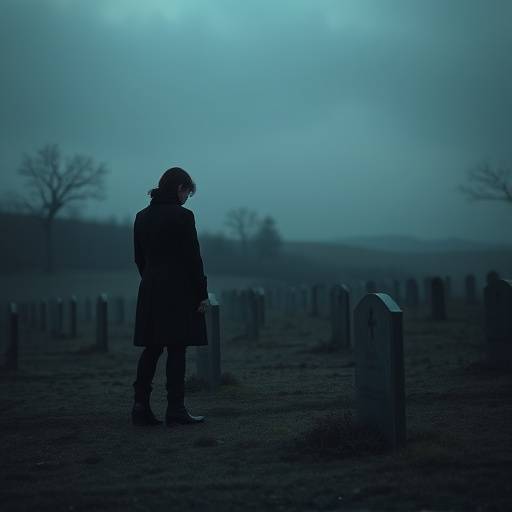 An in-game scene depicting a solitary character standing at a grave, with soft, melancholic lighting and a desolate background, designed to evoke a strong sense of sadness and remembrance.